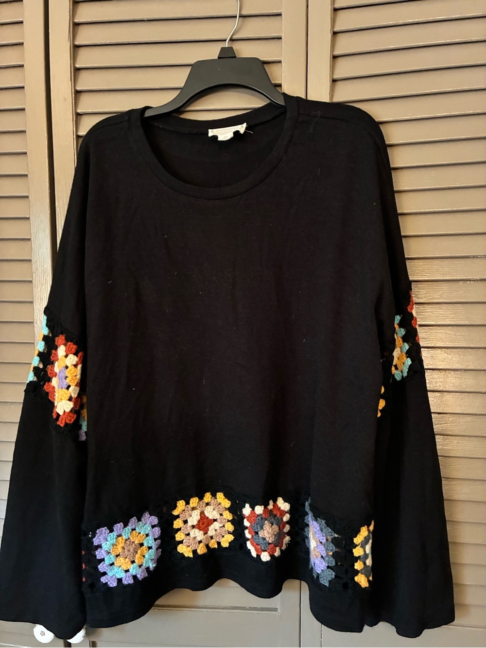 Love Riche Black Sweater with Multicolor Crochet Accents